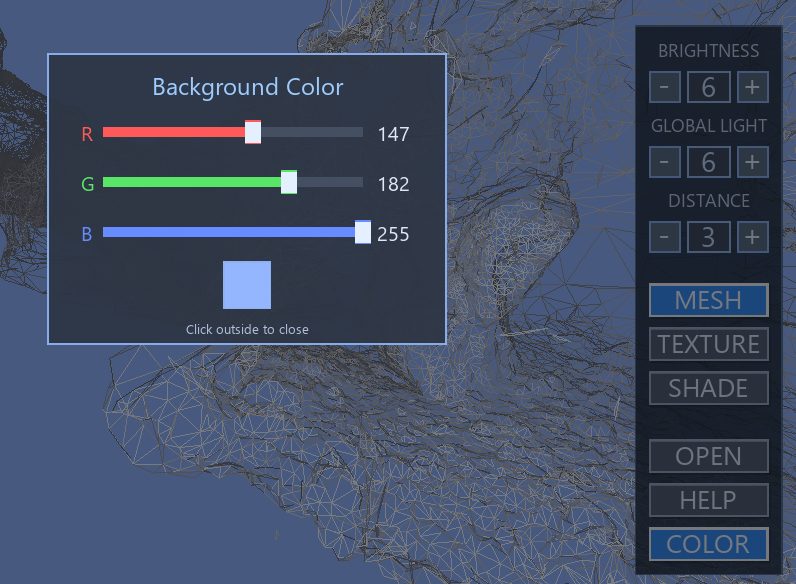CaveViewer's Background Color panel open, with R, G, and B sliders