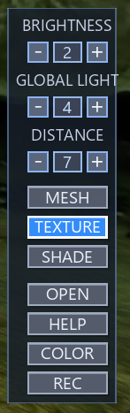 Close-up of CaveViewer's bottom-right control column: Brightness, Global Light, Distance, then Mesh, Texture, Shade, Open, Help, Color, and Rec buttons