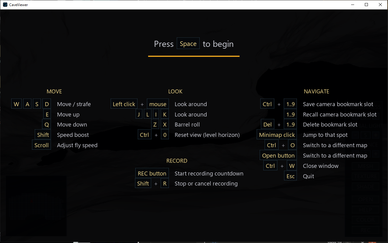 CaveViewer's full-screen controls reference, grouped into Move, Look, Navigate, and Record