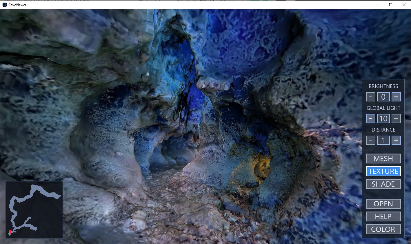 CaveViewer rendering a textured cave passage in photogrammetry detail, with the minimap and bottom-right control column visible