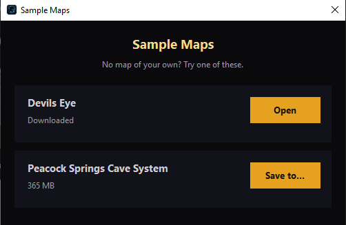 CaveViewer's Map Library dialog, listing Devils Eye and Peacock Springs Cave System
