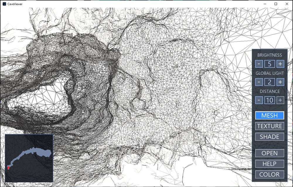 CaveViewer showing a dense cave mesh in pure wireframe mode, Mesh on and Texture off