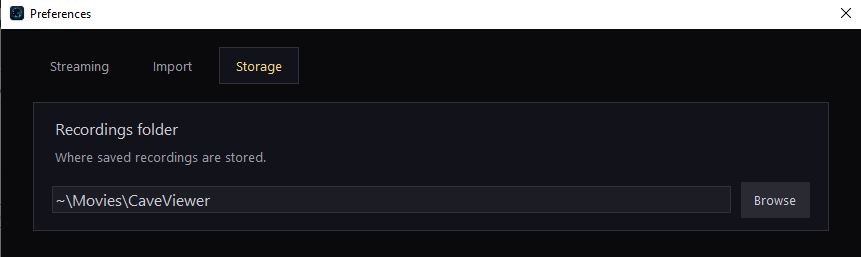CaveViewer Preferences window, Storage tab, showing the recordings folder