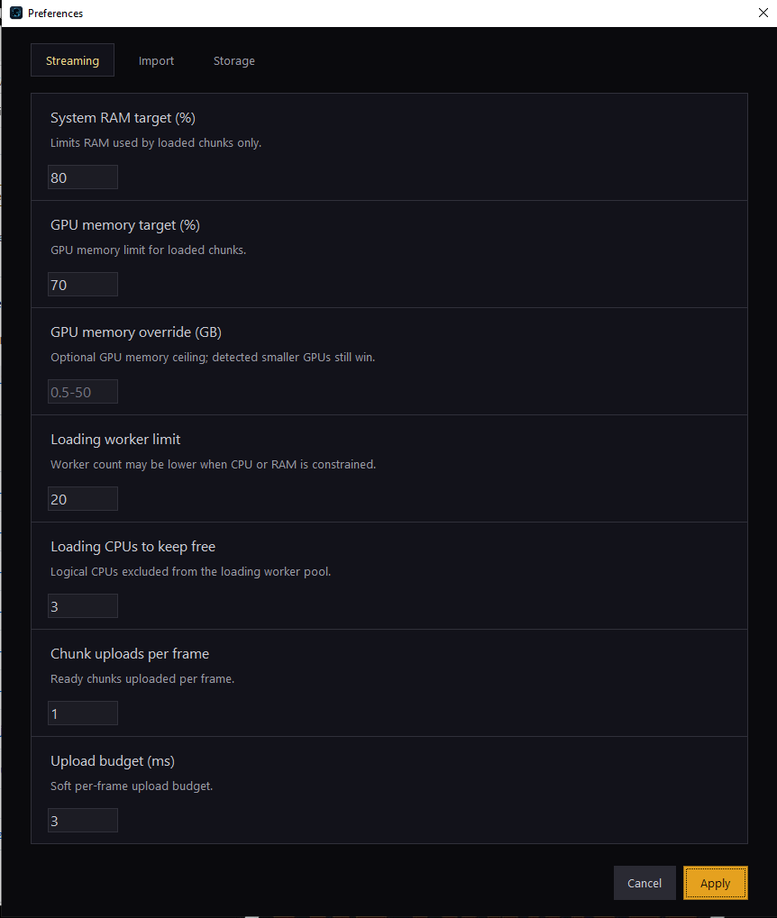 CaveViewer's Preferences window, Streaming tab, showing memory and worker fields