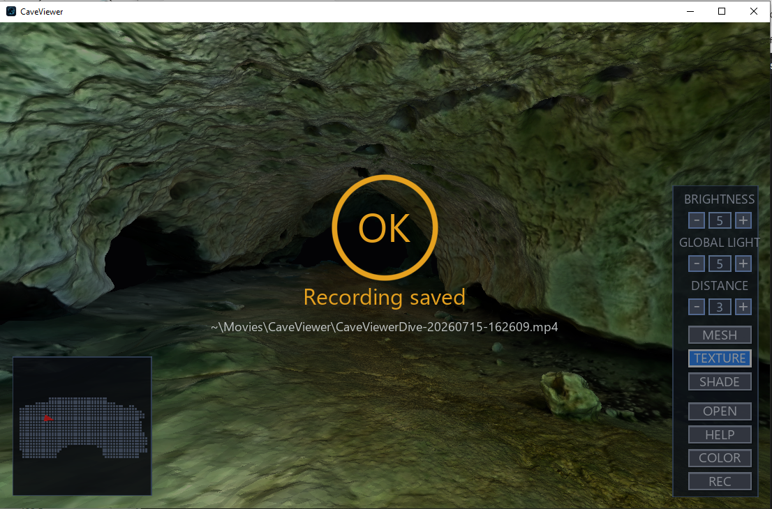 CaveViewer showing the Recording saved confirmation with the output MP4 file path