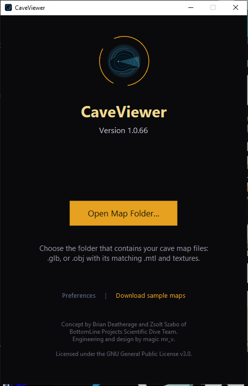 CaveViewer's splash screen with the logo, version number, Open Map Folder button, Preferences link, and Map Library panel