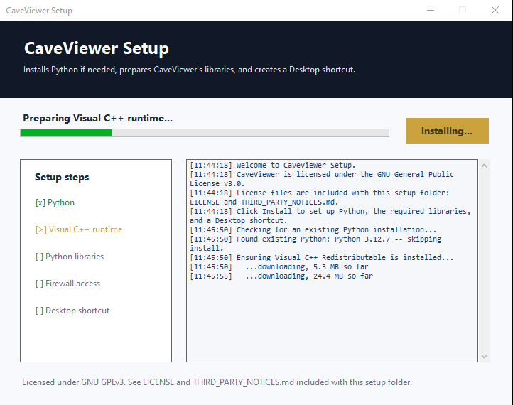 CaveViewer Setup window mid-install, with a live log