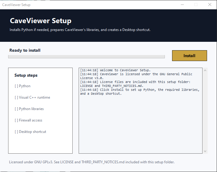 CaveViewer Setup window, ready to install, listing the setup steps