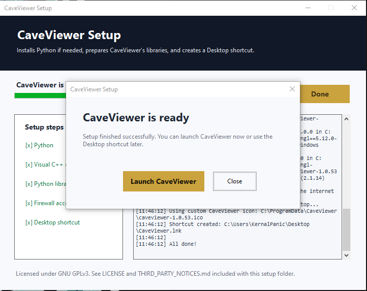 CaveViewer Setup window showing the CaveViewer is ready dialog with all steps checked off